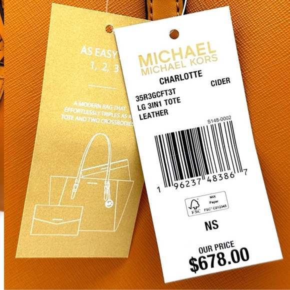Michael Kors Charlotte LG Tote Bag 3 IN 1 Leather Shoulder Bag Cider - Picture 15 of 15